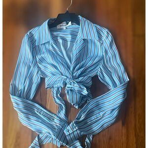 Diane Von Furstenberg Blue Striped Wrap Blouse
